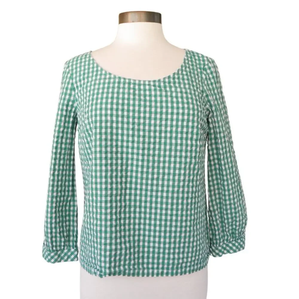 J Crew  Seersucker Green Gingham Peasant Top